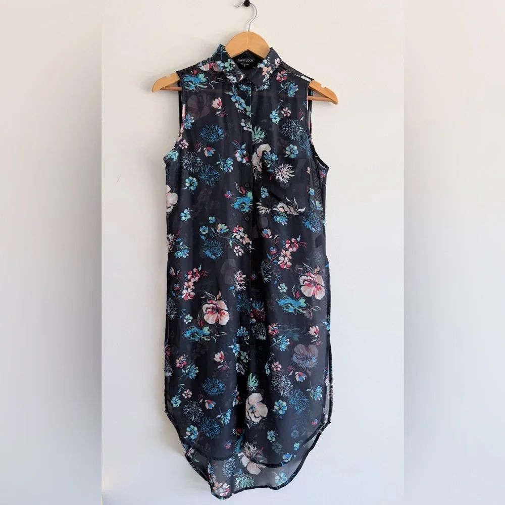 NewLook Size S Sheer Floral Sleeveless Shirt Side Slits Lightweight Flowy Artsy